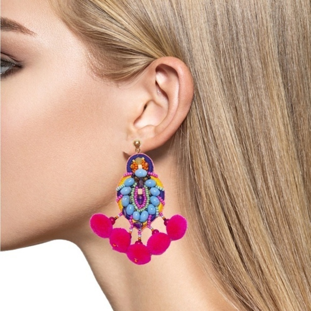 Fiesta Statement Pom Pom Earrings Colorful